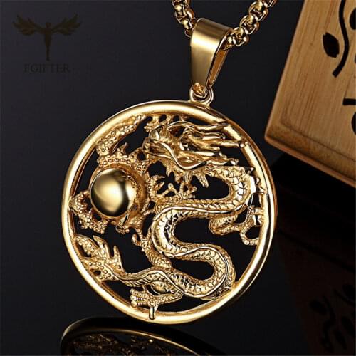 Auspicious Dragon Pendant Hollow Design Vintage Men Women Gold Silver Color Stainless Steel Jewelry Mascot Ornaments Lucky Gifts