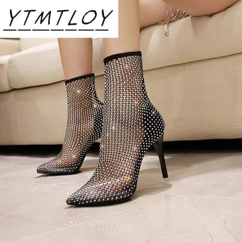 Hot Nightclub Rhinestone Bling Summer Sunscreen Breathable Pointed Toe Super High Heels Modern Over-the-knee Boots Mesh