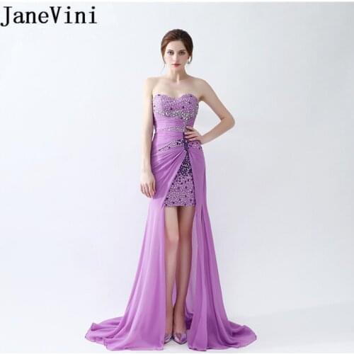 JaneVini 2020 Lilac Purple High Low Prom Dresses Luxury Crystal Beaded Pleat Chiffon Women Graduation Party Gowns Sweep Train