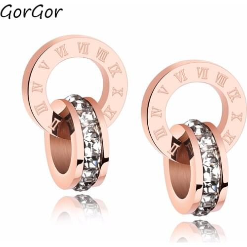 GorGor Fashionable Simple Small Square Rhinestone Roman Digital Double Ring Titanium Steel Plated Rose-gold Earrings 637