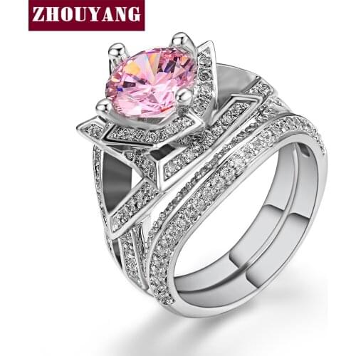 Luxury Pink Round-cut Cubic Zirconia Flower Shape Ring Set Silver Color Fashion Jewelry For Women Party Gift ZYR698