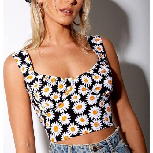 Sexy Floral Print Spaghetti Strap Tank Top Women Fashion Zippers Slim Crop Top Female 2021 Summer Casual Sweet Ladies Clothes