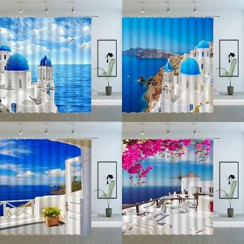 Mediterranean Architecture Scenery Shower Curtains White Blue House Ocean Landscape Flower Bath Decor Polyester Cloth Curtain