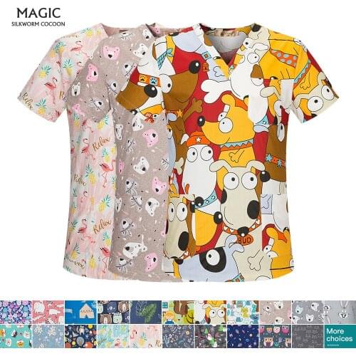 Cartoon Dogs Printing Spa Uniform Women Beauty Salon Work Uniforms Cute Lab Coat Clothes Short Sleeve Wear V Neck Summer Scrubs