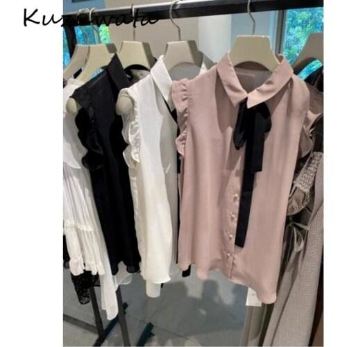 Kuzuwata Bowknot Necktie Flying Sleeve Single Breasted Solid Blouses 2021 Summer Temperament Women Blusas Japanese Sweet Shirts