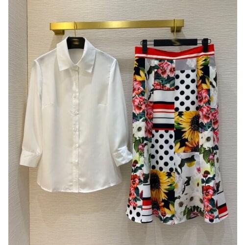 New 2021 Womens Summer Fashion Runway Skirt Suit 3/4 Sleeve white shirts+ dot flowers Print midi Skirt Two Piece Set y452