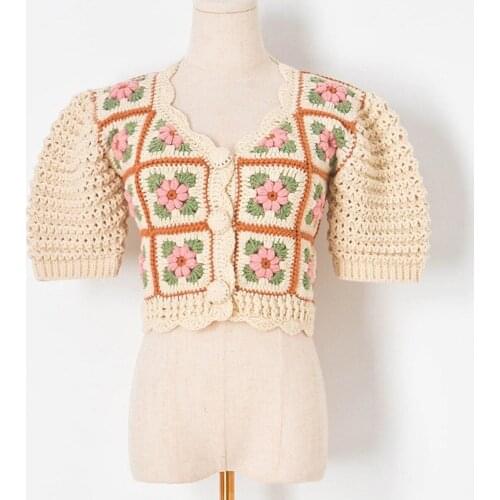 Indie Folk Crochet Floral Cardigan Cropped Sweater 2021 Fall Women Cute Crop Top V Neck Lantern Sleeve Vintage Cardigan Knitwear