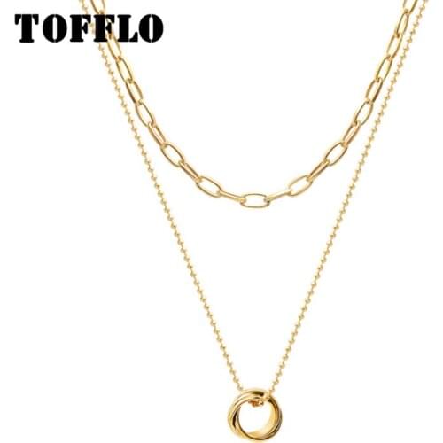 TOFFLO Stainless Steel Jewel Ring Cross Pendant Necklace Double Thick Chain Handsome Necklace For Woman BSP648