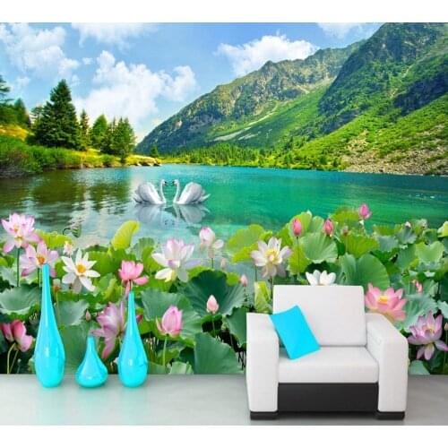 Free Shipping Custom 3D Mural Hotel Mural Lake Landscape Swan Lake Scenic Landscape Living Room Background Lotus Wallpaper