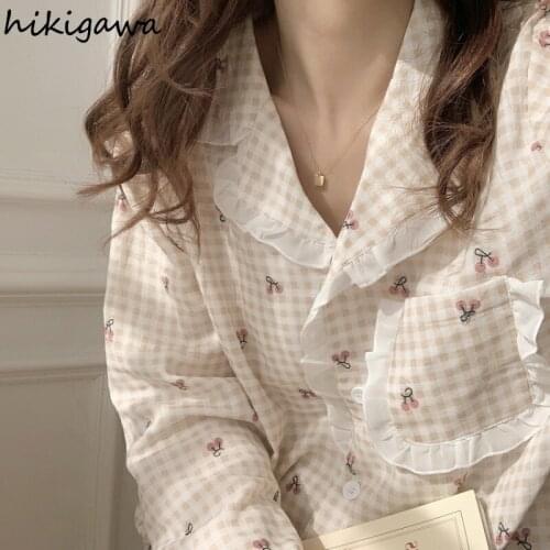 Hikigawa Spring Summer 2021 Long Sleeve Trousers Ladies Pajamas Suit Plaid Cherry Print Sleepwear Lace Patchwork Home Service