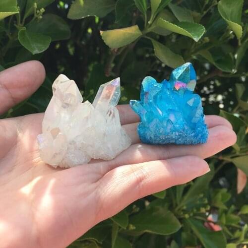 2pcs Aura angel crystal cluster blue and white natural Titanium coating gemstone quartz cluster Healing home decor 65g