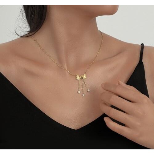 316L Stainless Steel Fashion Upscale Jewelry 2-layer Butterfly Zircon Tassel Charms Chain Choker Necklaces & Pendants For Women