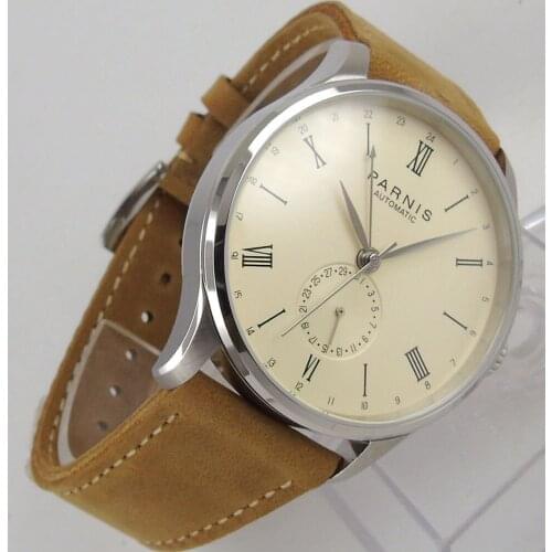 New 42mm Parnis off white dial Leather Strap top brand Luxury Crystal Complete Calendar ST 1690 Automatic movement Mens Watch
