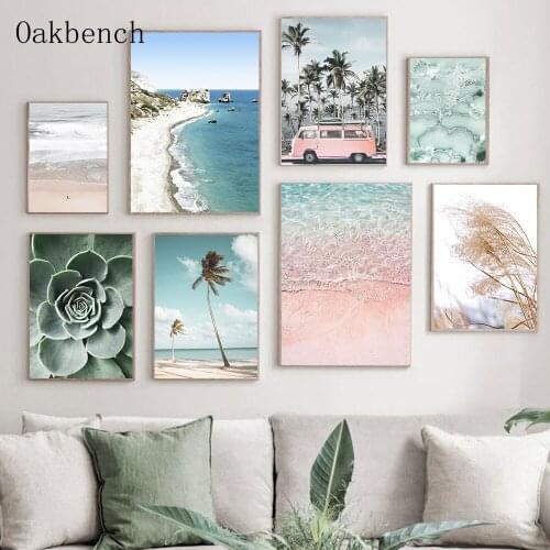 Green Plant Reed Wall Art Poster Seascape Coconut Tree Wall Art Canvas Painting Car Prints Wall Pictures Living Room Home Decor