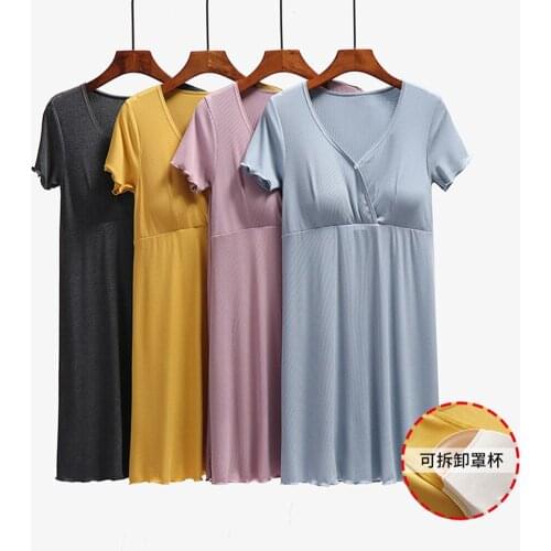 Fdfklak With Chest Pad Breastfeeding Nightgown For Pregnant Woman Summer Short Sleeve Maternity Pregnancy Nursing Nightdress