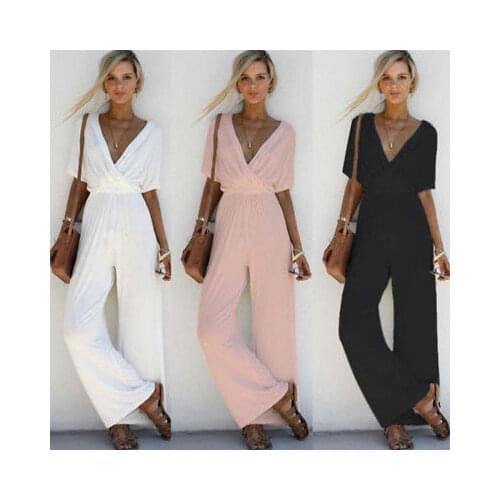 Arrival Women V Neck Loose Playsuit Party Ladies Bodysuits Jumpsuits Short Sleeve Long Jumpsuit S-XL