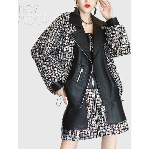 Novmoop sheepskin genuine leather patched with beading tweed fabric women coat oversize patterned LT3303