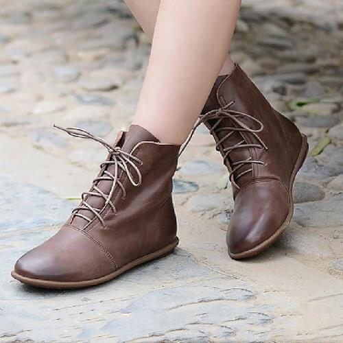Oxfords For Women Lace Up Flat Sole Ankle Boots Handmade Leather Martin Boots Black/Brown