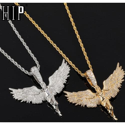 Hip Hop Iced Out Bling Cubic Zirconia Angel Wings Necklaces & Pendants For Men Women Rapper Jewelry With Solid Back
