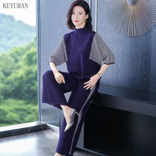 Women 2 Piece Set Houndstoo Pathchwork Tracksuit Autumn Winter Pullover Turtleneck Sweater +Wide Leg Pants Knitted Set Outfit