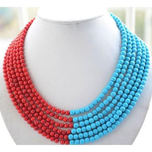 Women Gift word Love Hot sale >>>>6strands 6mm blue stone red coral bead necklace for women jewelry