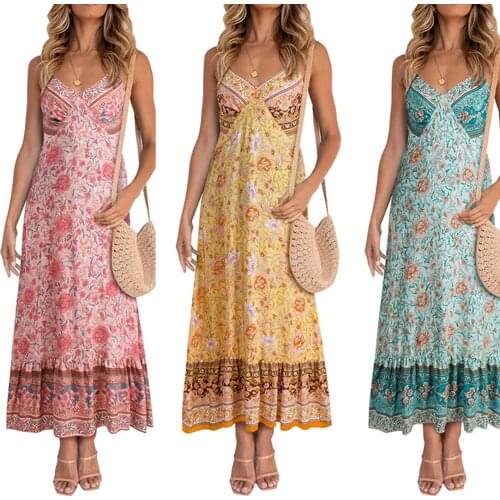 Women Casual Sexy Suspender Dress, Floral Printed Pattern Sleeveless V-neck Pink/ Yellow/ Green