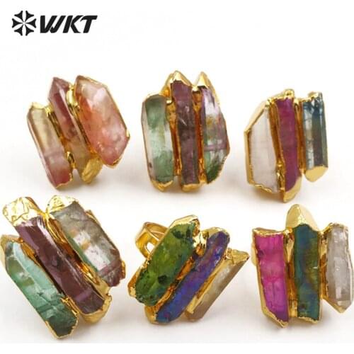 WT-R302 WKT 10pcs wholesale mixed lots women natural stone rings vintage aura quartz with colorful random size charm plated