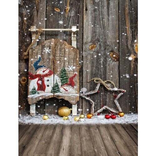5x7FT Snow Flakes Walnut Wooden Planks Timber Wall Snowman Ball Star Custom Photo Studio Backdrop Background Vinyl 220cm X 150cm