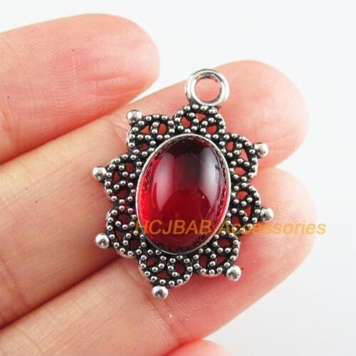 8 New Oval Charms Red Glaze Flower Pendants Tibetan Silver Tone 22x29mm