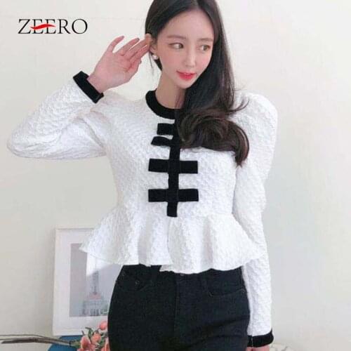 Spring Women Bowknot Puff Sleeve O-Neck Splicing Back Zipper Ruffle Slim Blouse Korean Fashion Vintage New White Plaid Pullover