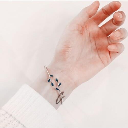2021 Hot New Fashion Adjustable Green Leaf Copper Alloy Bow Bilezik Cuff Opening Bracelet For Women Jewelry Gift Mujer Pulseras