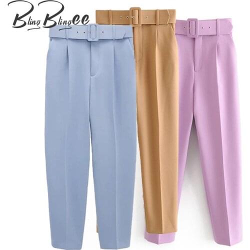 BlingBlingee Spring Belted Women Casual Trousers High Waist Office Lady Suit Pants Ankle Length OL Career Pants Woman Pantalons