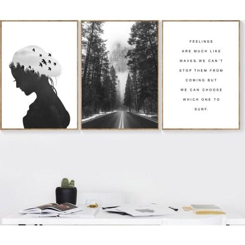 Black White Abstract Girl Forest Fog Road Wall Art Canvas Painting Nordic Posters And Prints Wall Pictures For Living Room Decor