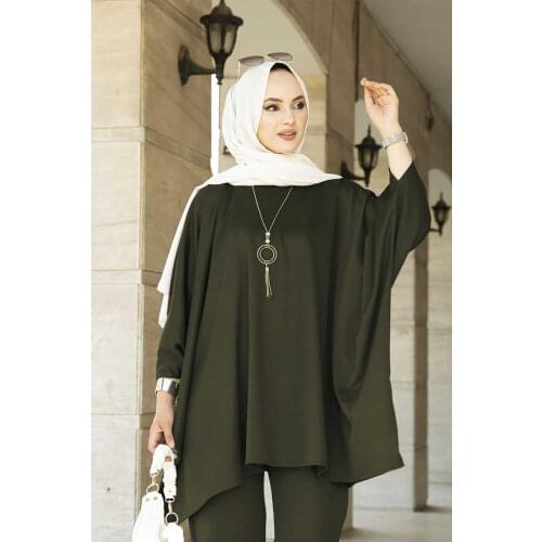 Bat Sleeve Double Suit Tunic with Pants Turkey Muslim Fashion Hijab Dress Islam Clothing Dubai 2021