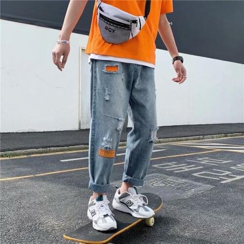 Hong Kong style jeans trendy brand loose straight 2021 summer thin section ripped casual mens pants Korean version of the trend