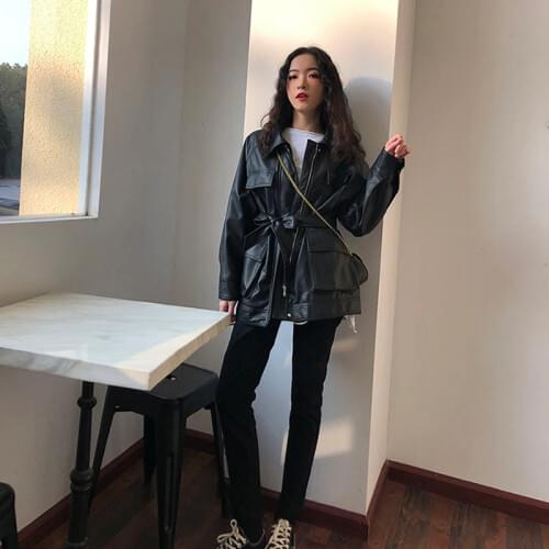 Mid-length Black PU Coats Women Faux Leather Jacket Autumn Vintage Motor Biker Jackets Elegant With Belt Waist Big Pockets Coats