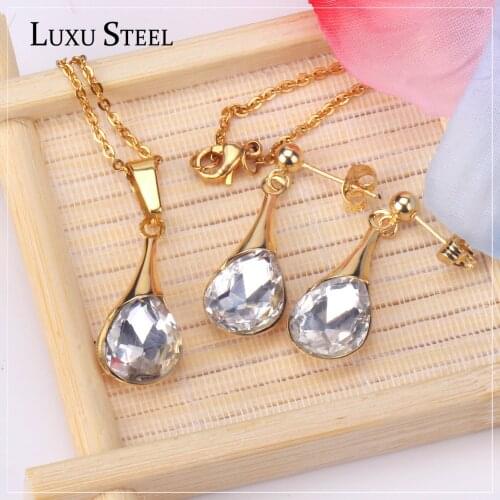 LUXUISTEEL Stainless Steel Drop Shape Pendant Necklace Women Accessories Wedding Jewelry Gold Color Necklace Earring Sets Bijoux