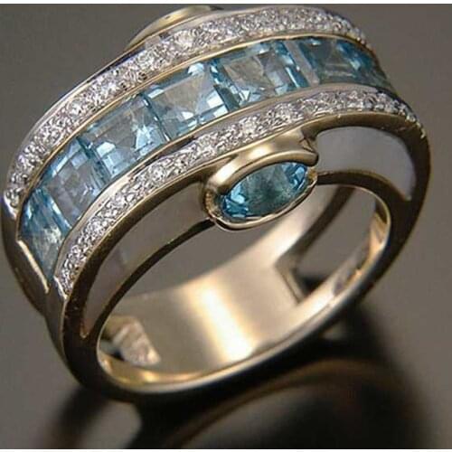 Milangirl Fashion Round Blue/Green/Red Colors Square Cubic Zirconia Crystal Wide Ring for Women Wedding Jewelry Accessories