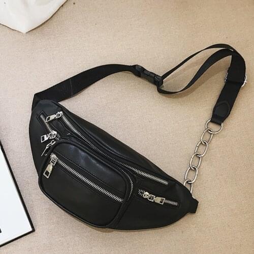 Fashion Black Waist Bag Women PU Leather Chest Fanny Pack Punk Crossbody Bag Chains Waist Pack Shopping Lady Cellphone Purse sac