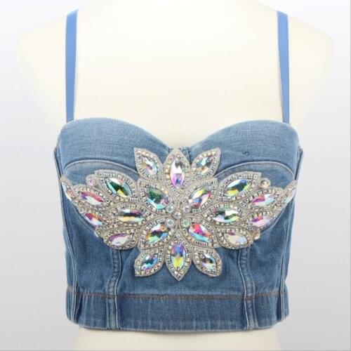 Fashion Sexy patchwork diamond beading Mesh Push Up Bralet female Corset Bustier Bra Night Club Party sexy Crop Top Vest F1749