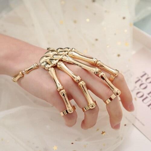 New Punk Skull Hand Bone Jewelry Fashion Personality Wild Five-finger Ring Bracelet Adjustable One Chain Personalized Nightclub
