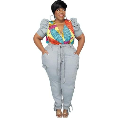 New Sexy Denim Trousers Printed Suit Short Sleeve Top Pencil Jean Set Plus Size Autumn Clothing for Woman Stylish Clothes