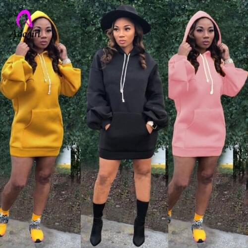Plain Color Hoodies Dress Casual Women Fashion Females Hooded Full Puffy Sleeves Drawstring Mini Dress with Pockets 2020 Autumn