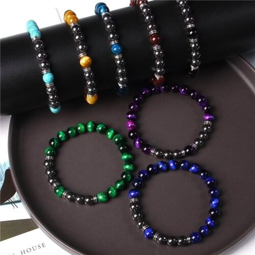 Natural Chakra Tiger Eye Stone Beads Bracelets Handmade Elastic Jewelry Unisex Bracelet Silver Color Spacer Charm Pulsera Couple