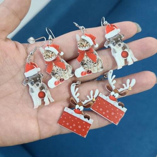 Santa Chihuahua Christmas Hat Kitten Earrings Bells Elk Christmas Tree Earrings