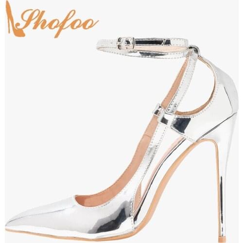 Silver High Thin Heels Ankle Wrap Stilettos Pumps Woman Pointed Toe Buckle Strap Lady Fashion Party Shoes Big Size 12 16 Shofoo