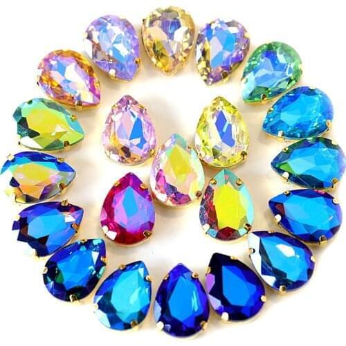 Mix Color Drop Shape Teardrop Glass Sew On Rhinestones With Gold Claw Flatback Crystal Sew on Claw Rhinestones For Garment B1046
