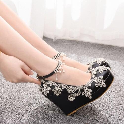 Crystal Queen Women Wedge High Heels Luxury Tassels Rhinestone Ankle Straps Bridal Wedding Shoes Platform Evening Party Pumps