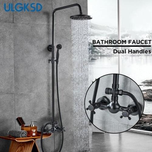 ULGKSD Fashion Shower Faucet 8'' Rainfall Head +Hand shower Swivel Cross Handles Mixer Taps Black Brass