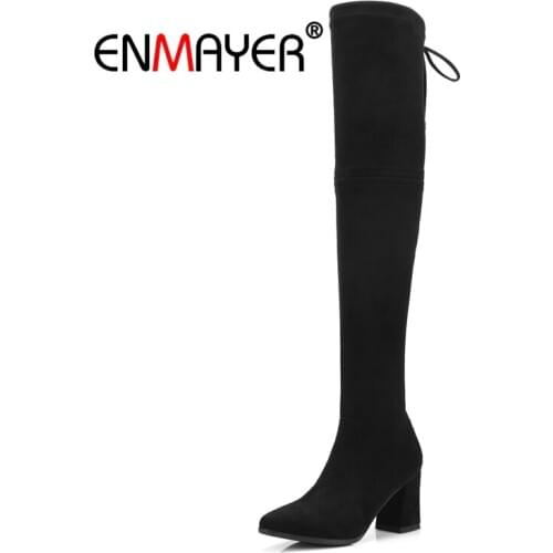 ENMAYER Woman Over The Knee Boots Winter Boots Shoes Women Thigh High Booty Cow Suede Fashion Boots Narrow Band Lace Up CR1558